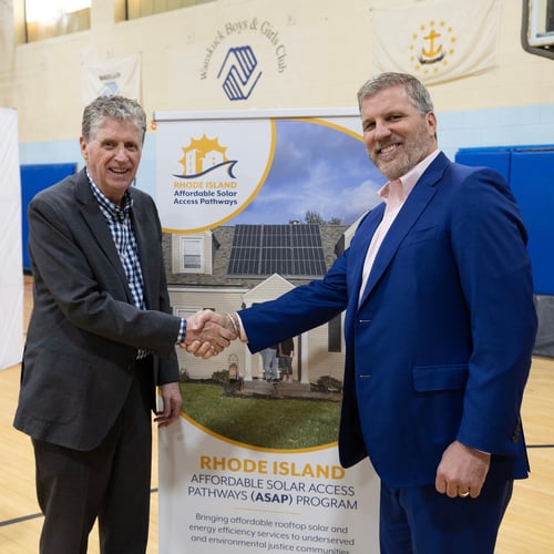 Governor Daniel McKee of Rhode Island and Thomas Neyhart,  Executive Chair of the Board at PosiGen, at the Rhode Island ASAP Launch Event on January 25, 2024.